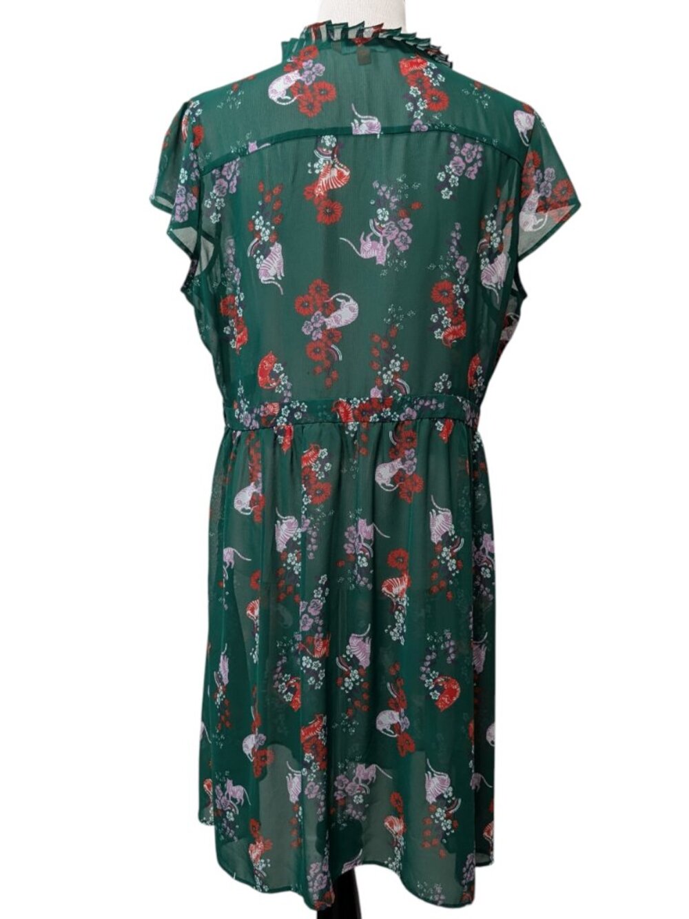 Modcloth Womens Size XL Green Floral Kitty Cats Sheer Ruffle Neck Retro Dress - Picture 4 of 12
